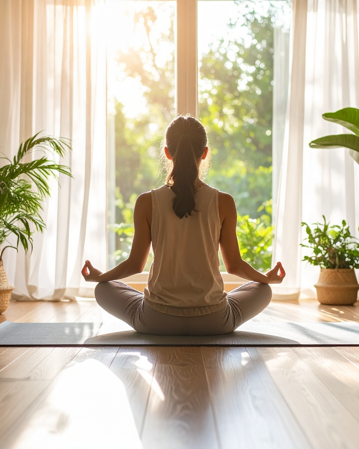 Eine Frau macht eine sitzende Yogaübung auf einer Matte.