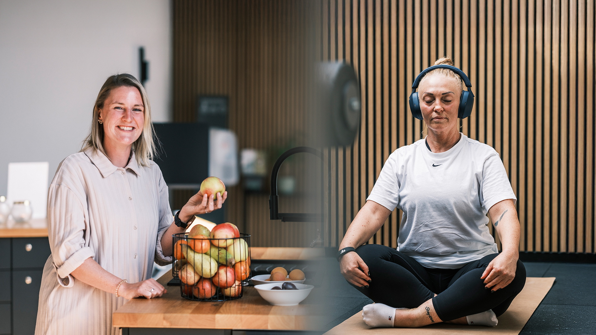 Eine Collage mit einer Frau die einen Apfel hält und einer Frau die Yoga auf einer Matte macht
