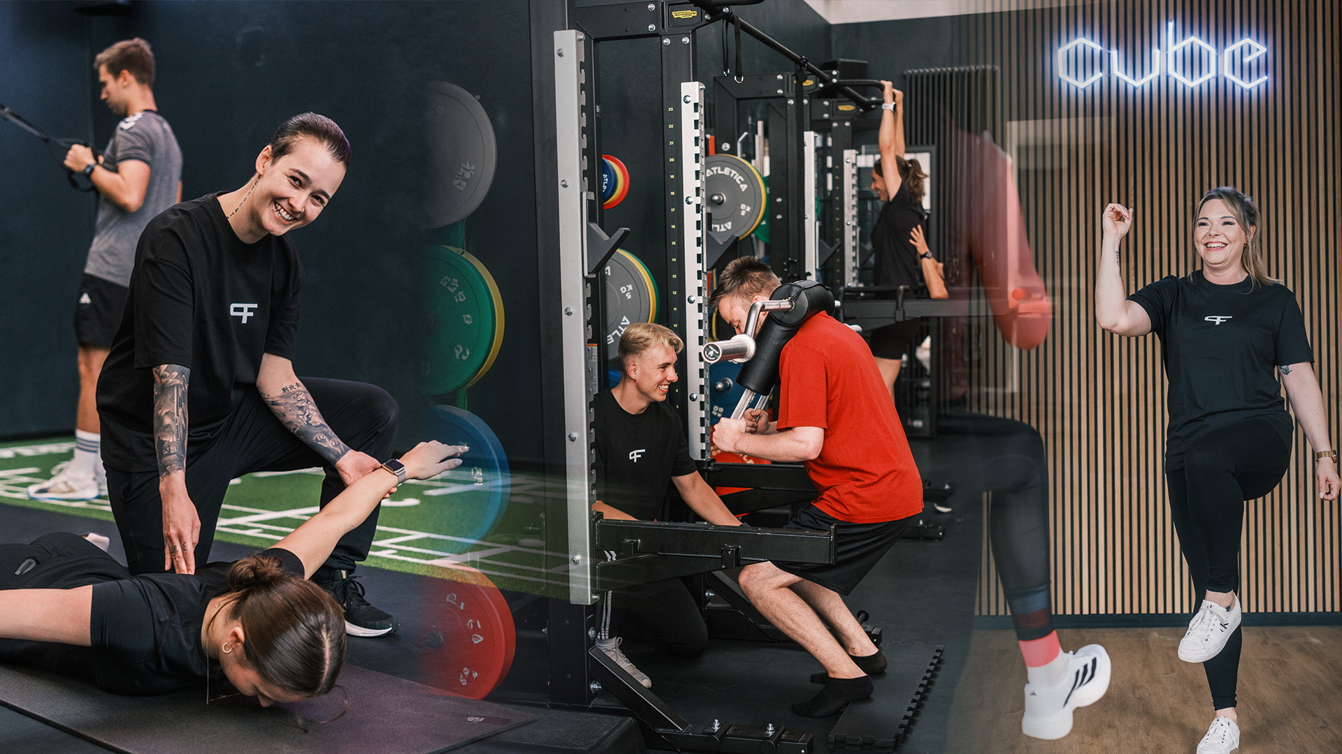 Mehrere Trainer begleiten ihre Patienten und Sportler bei unterschiedlichen Übungen im Trainingsbereich – von Mobilisation über Krafttraining bis hin zu Koordinationsübungen