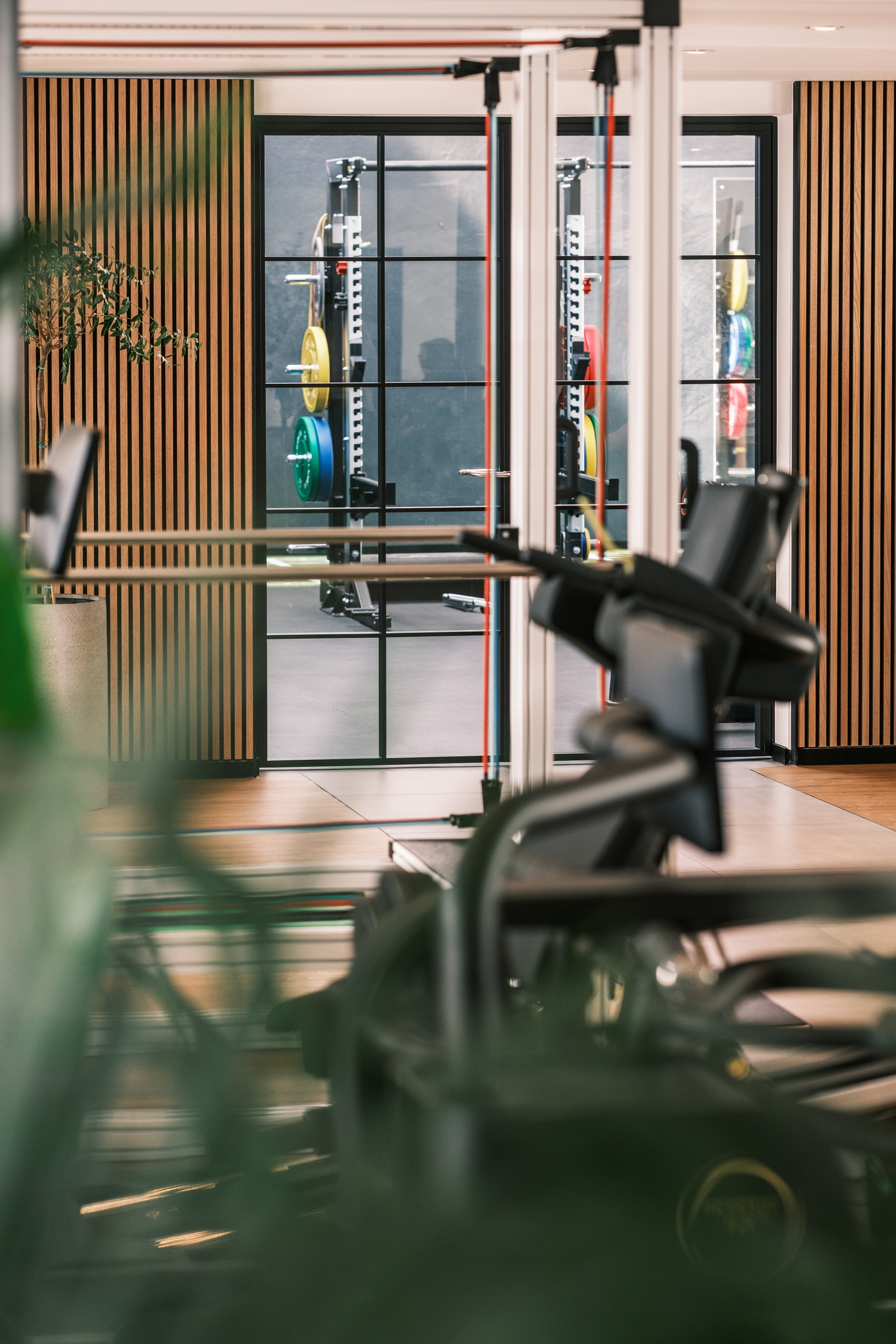 Blick in einen Trainingsraum mit Fitnessgeräten und Gewichten