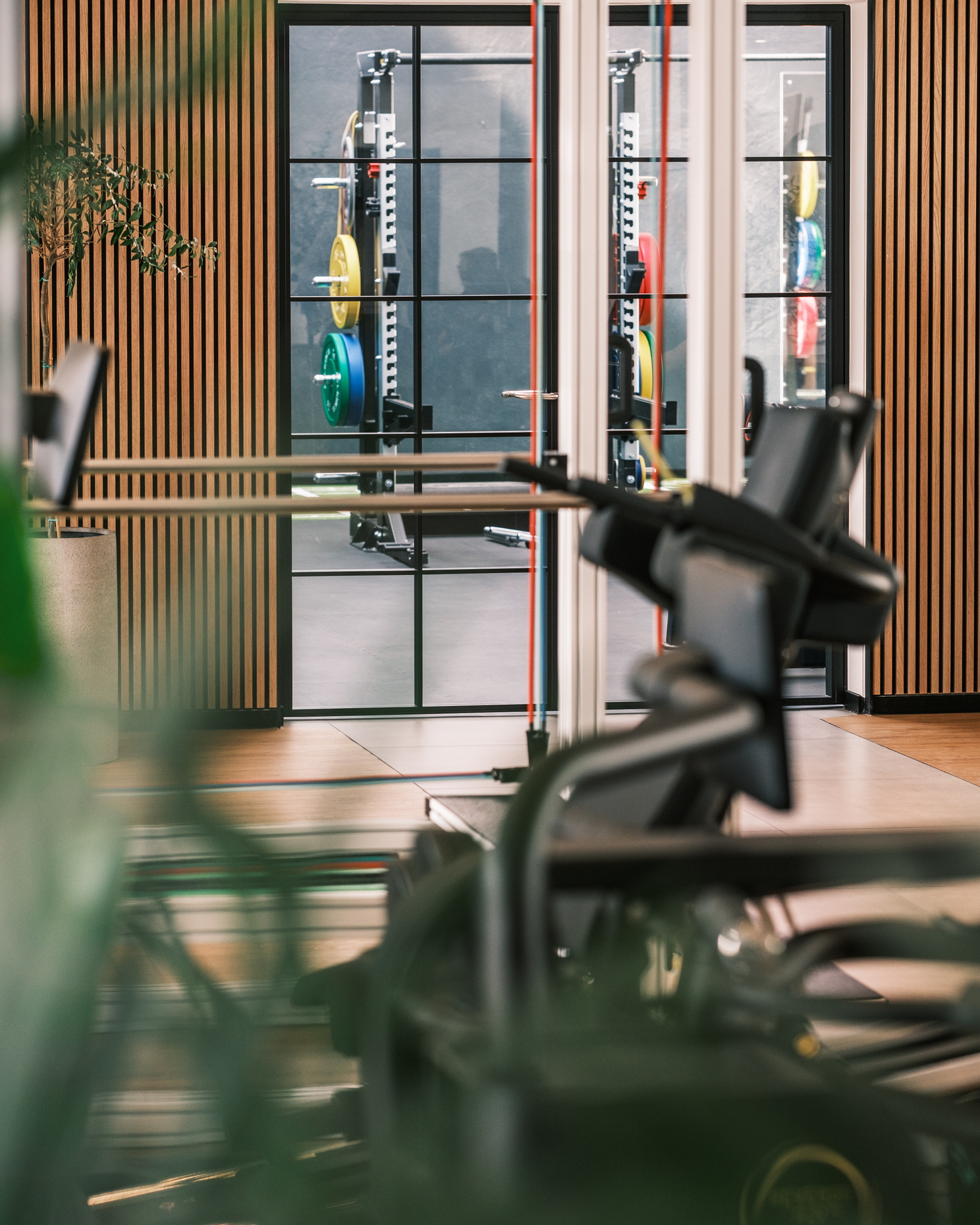 Blick in einen Trainingsraum mit Fitnessgeräten und Gewichten