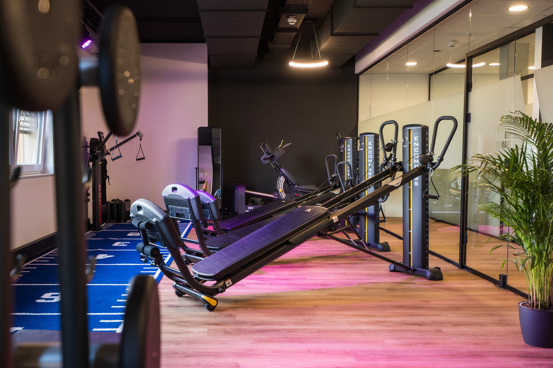 Ein heller Trainingsraum mit Fitnessgeräten